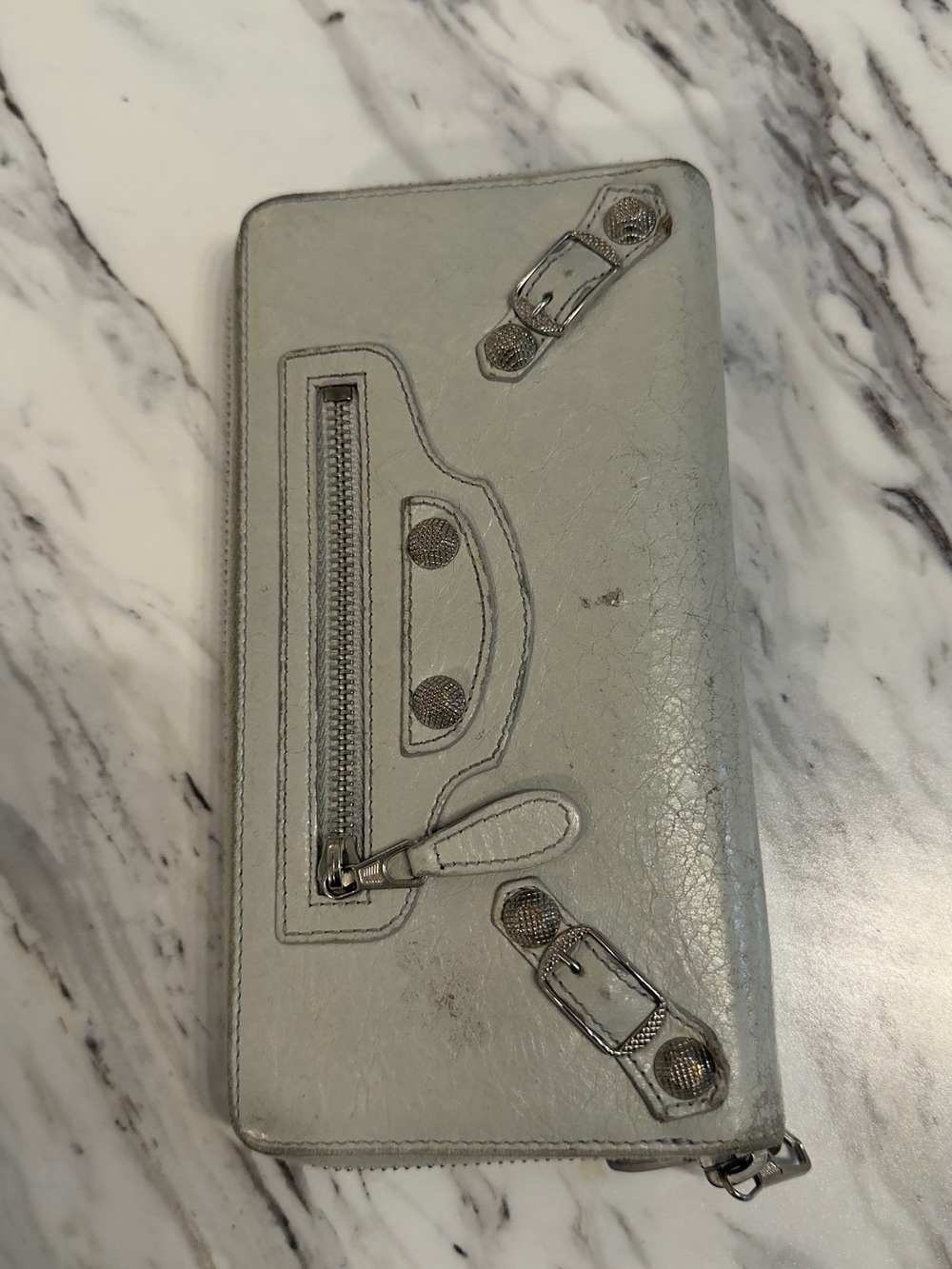 Balenciaga Light Gray Leather Zip Wallet with Stud Detailing - Picture 4 of 8